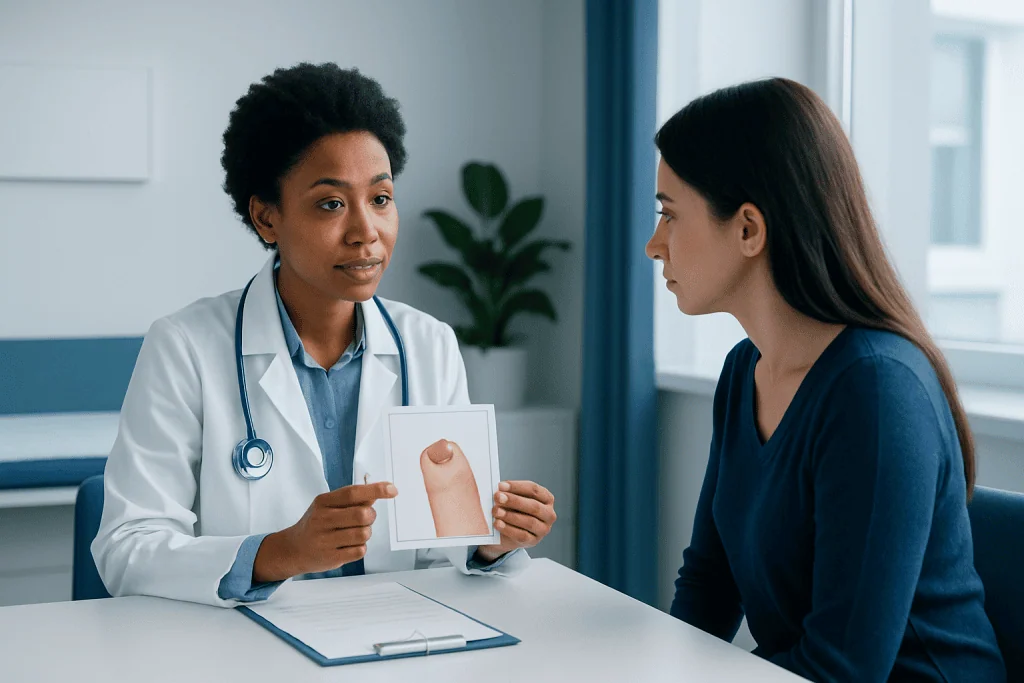 Doctor explaining a finger condition to a patient in a clinic setting.