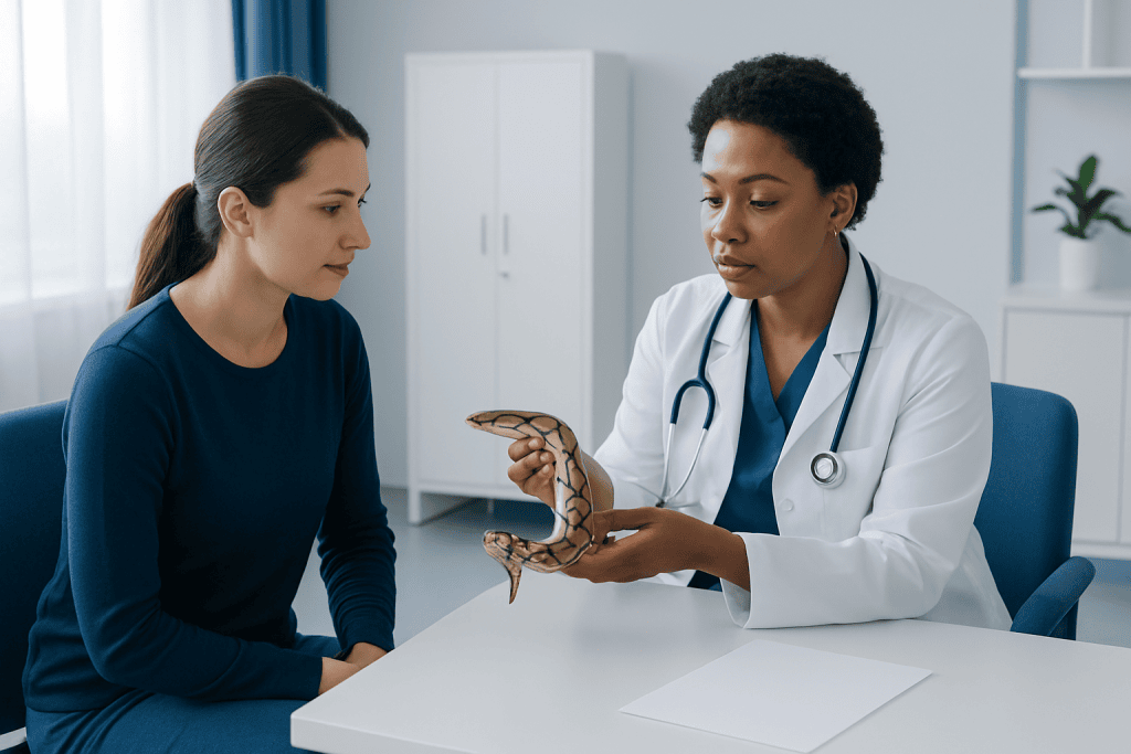 Doctor explains snake characteristics to patient in a medical consultation.
