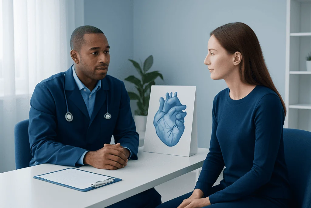 Doctor explaining heart health to patient in medical consultation room.