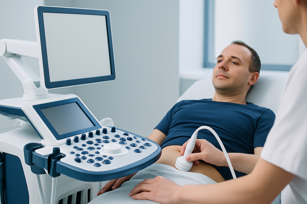 Patient undergoing an ultrasound examination in a hospital setting.