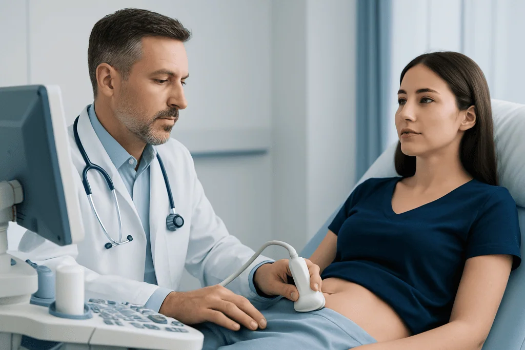 Doctor performing an ultrasound on a female patient in a hospital room.