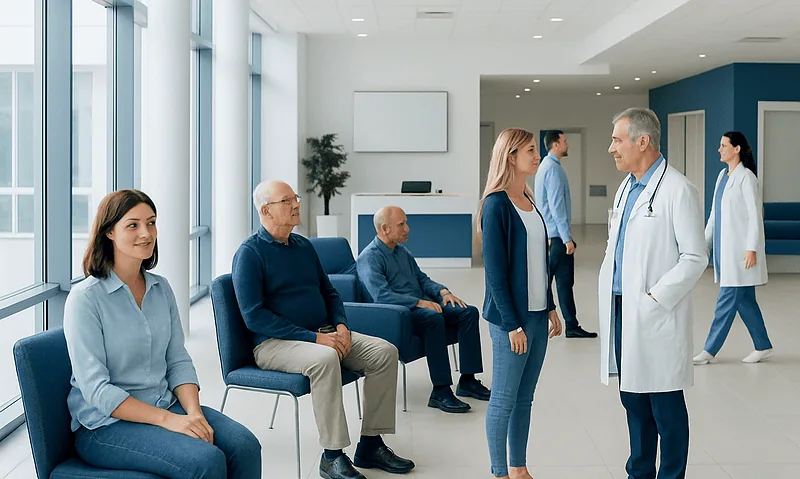Patients waiting in a modern hospital lobby with medical staff and doctor.