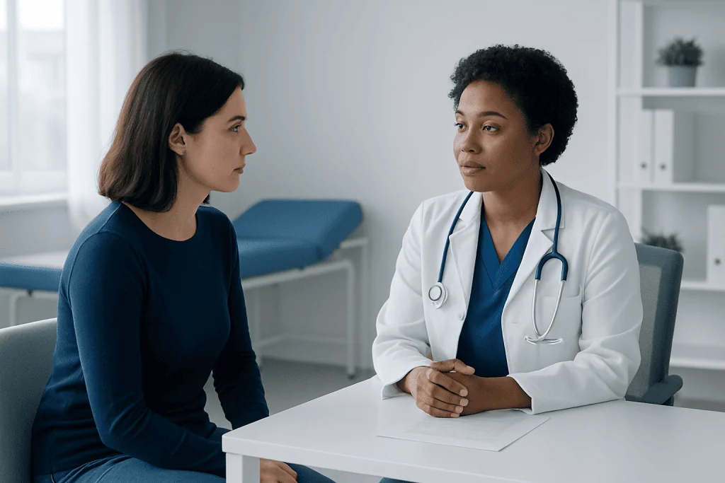Doctor consulting with a patient in a modern medical office.