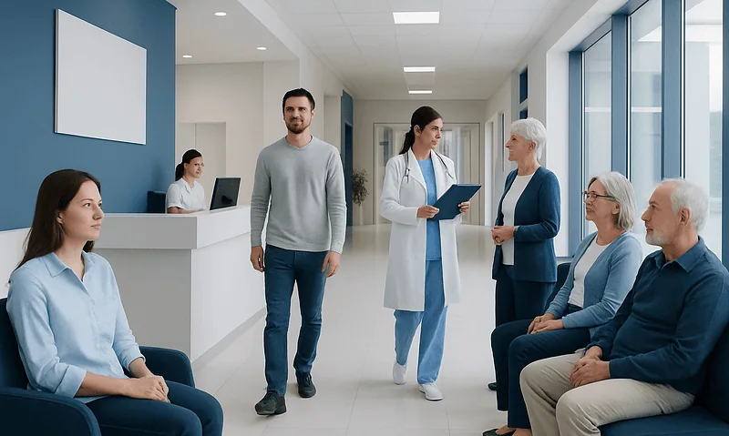 Hospital waiting area with medical staff and patients in a modern clinic.