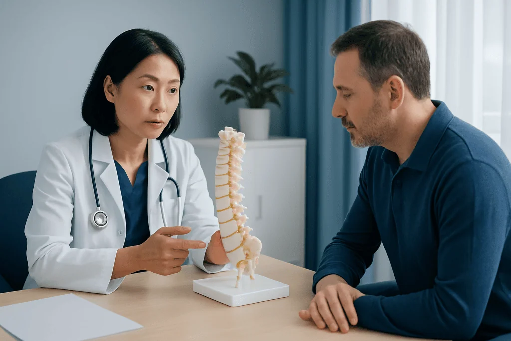 Doctor explaining spinal anatomy to patient with spine model in clinic.