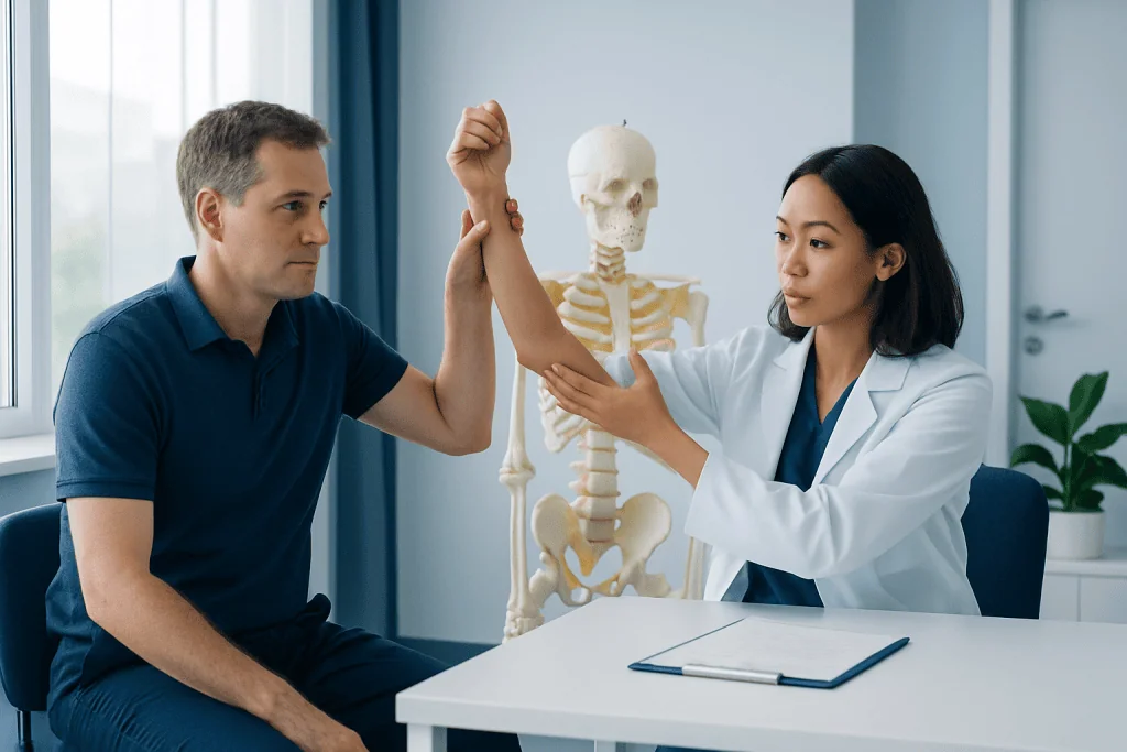 Doctor demonstrating arm movement to patient in a medical consultation.