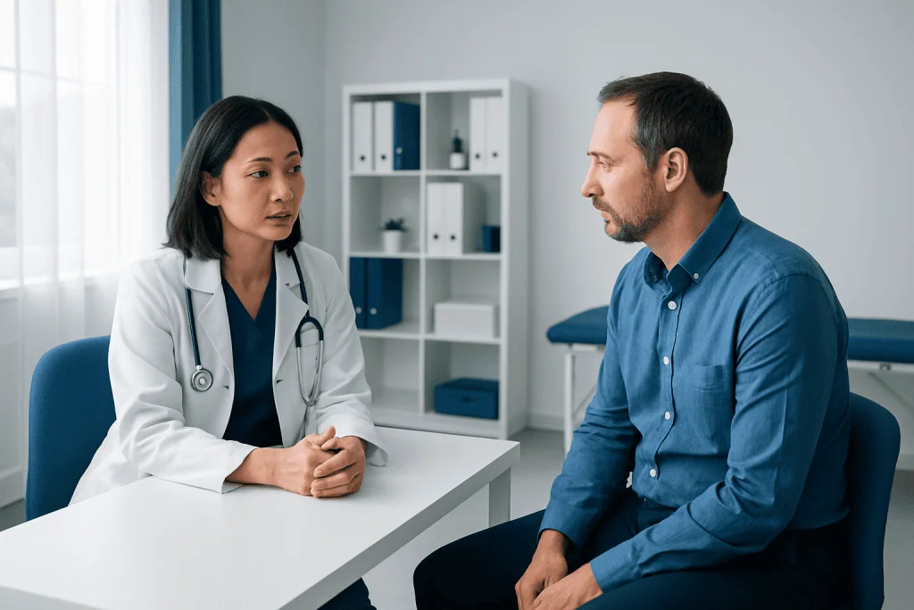 Doctor consulting with a male patient in a medical office setting.