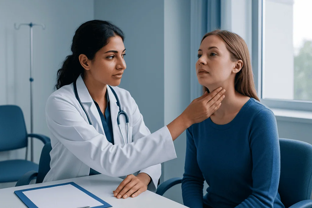 Doctor examining a patient's throat in a clinical setting.