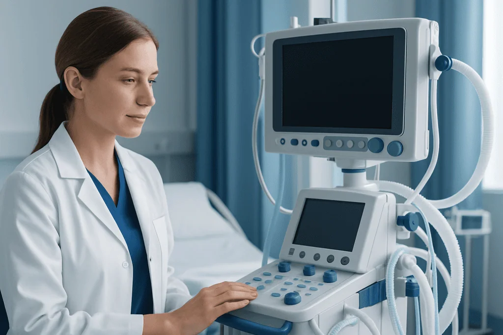 Medical professional operating a patient monitor in a hospital setting.