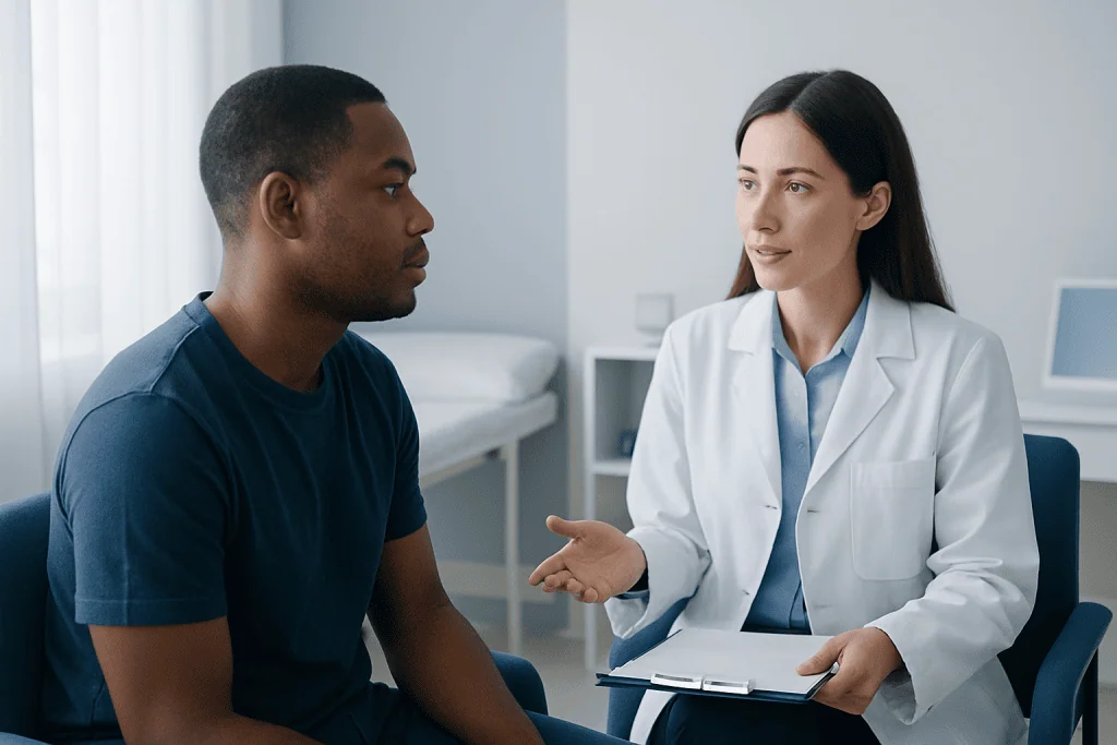 Doctor consulting with a patient in a medical office setting.