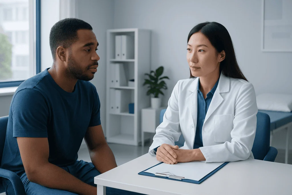 Doctor consulting with a patient in a modern medical office.