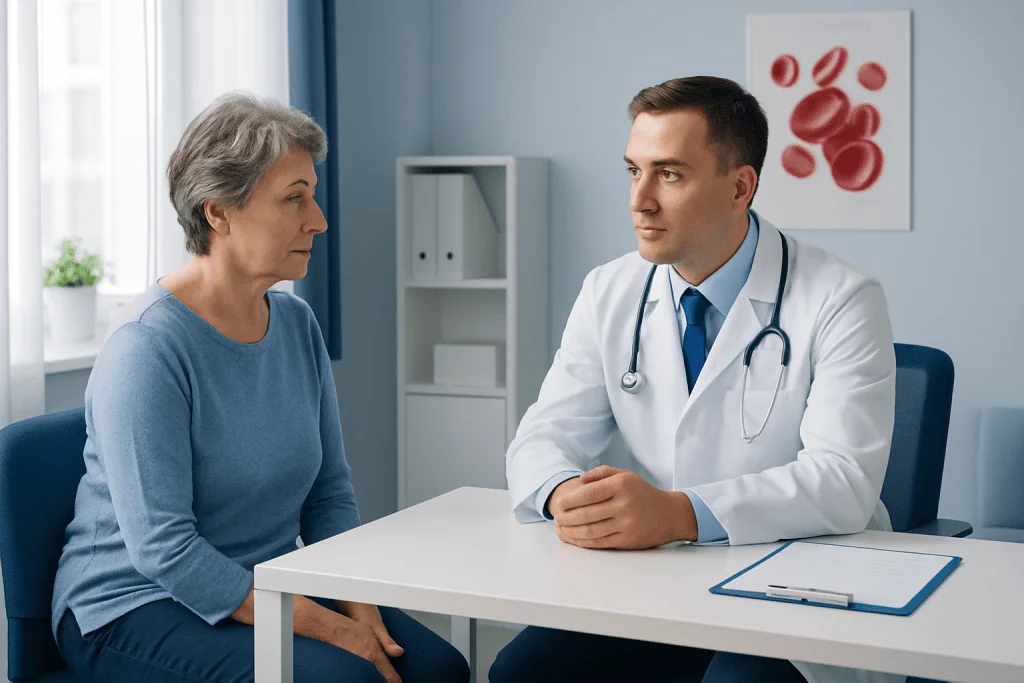 Doctor consulting with an elderly female patient in a medical office.