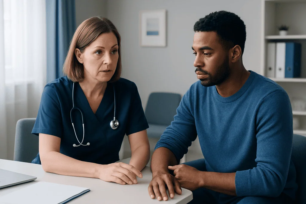 Doctor consulting with a patient about health concerns in a medical office.