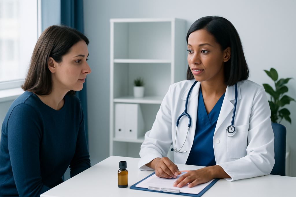 Doctor consulting with a patient in a modern medical office.