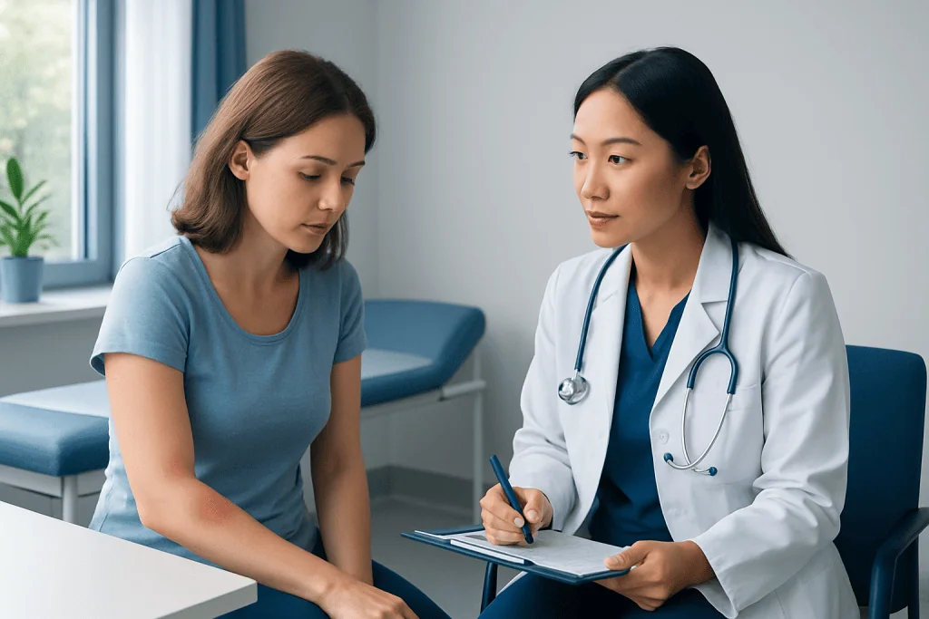 Doctor consulting with a young female patient in a medical office.
