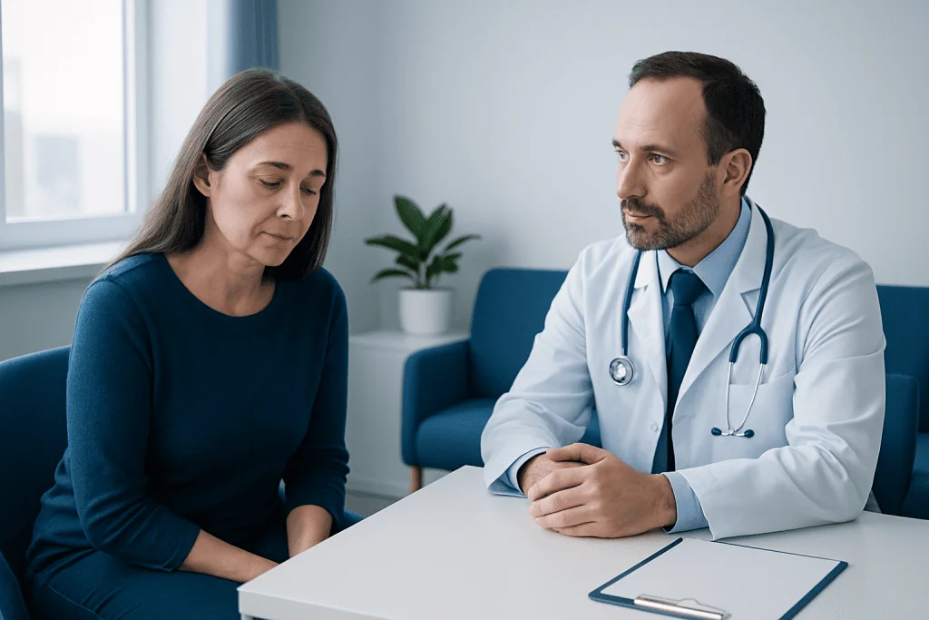 Doctor consulting with a patient about health concerns in a modern clinic setting.