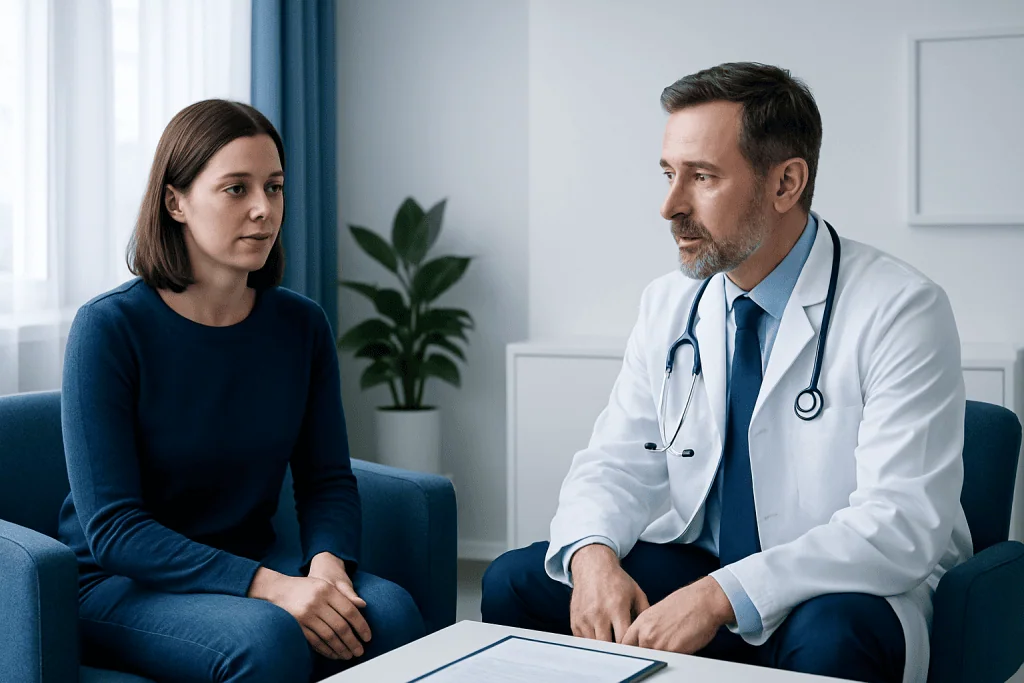 Doctor consulting with a female patient in a medical office.