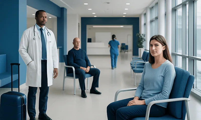 Patient waiting in hospital corridor with medical staff and other patients.