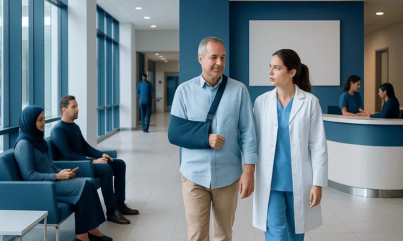 Patient and doctor conversing in hospital lobby with waiting area.