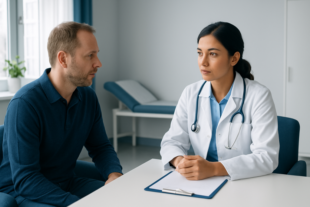 Doctor consulting with a patient in a medical office setting.