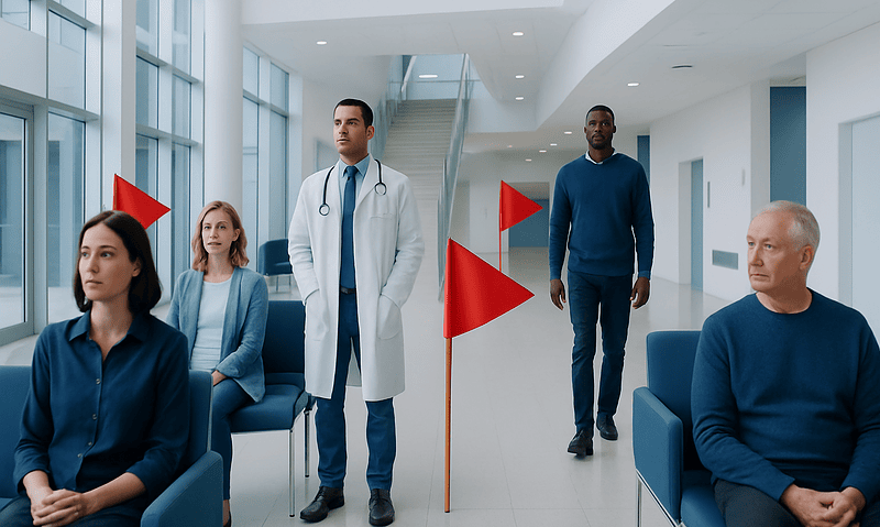 Diverse group of patients and doctor in hospital waiting area.