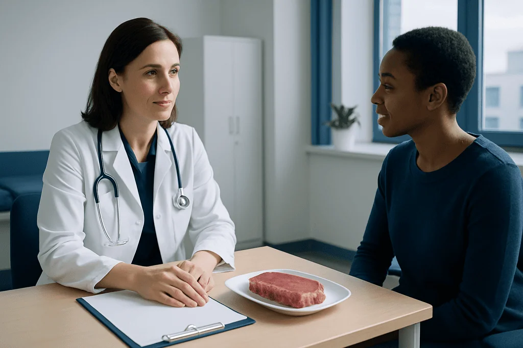 Doctor consulting with patient about iron-rich red meat benefits.