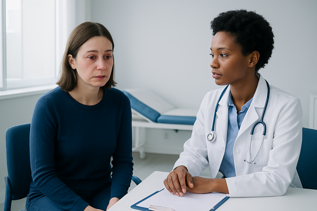 Doctor consulting with a patient about eye redness in a clinical setting.