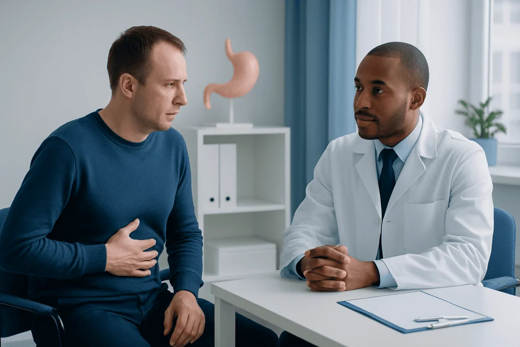 Doctor consulting with patient about reflux symptoms in a medical office.