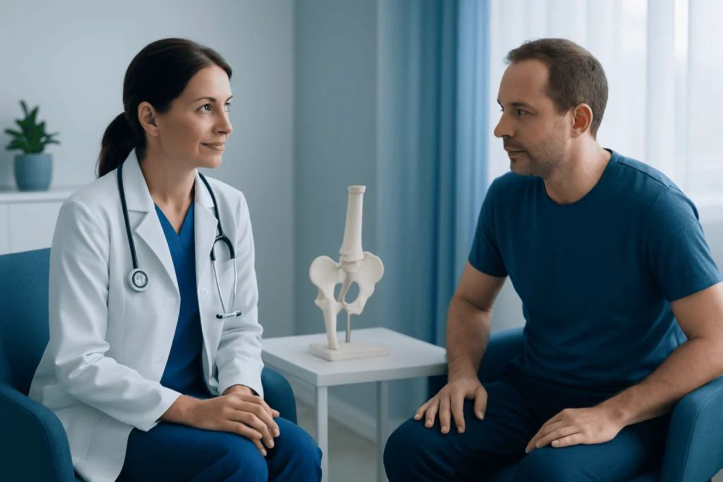 Doctor consulting with patient about hip health and treatment options.
