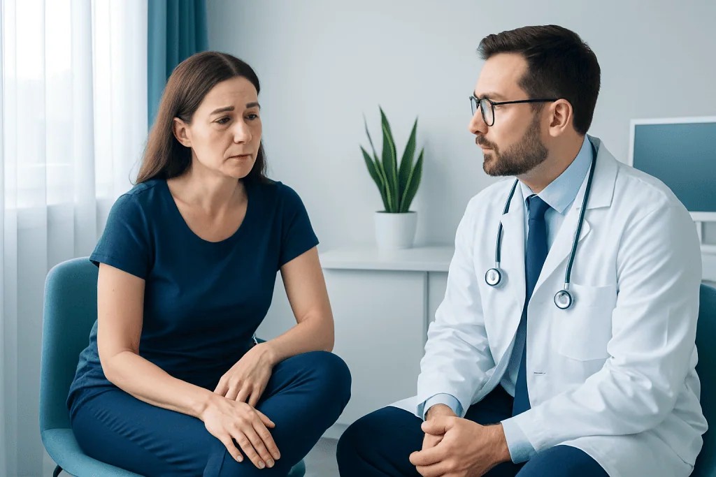 Doctor consulting with a female patient in a medical office.