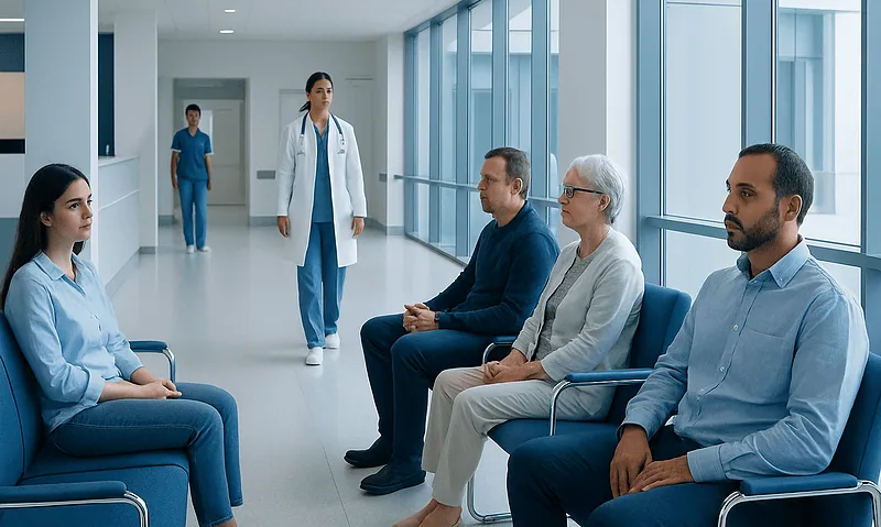 Patients waiting in a hospital corridor at Acibadem Hospitals Group in Turkey.