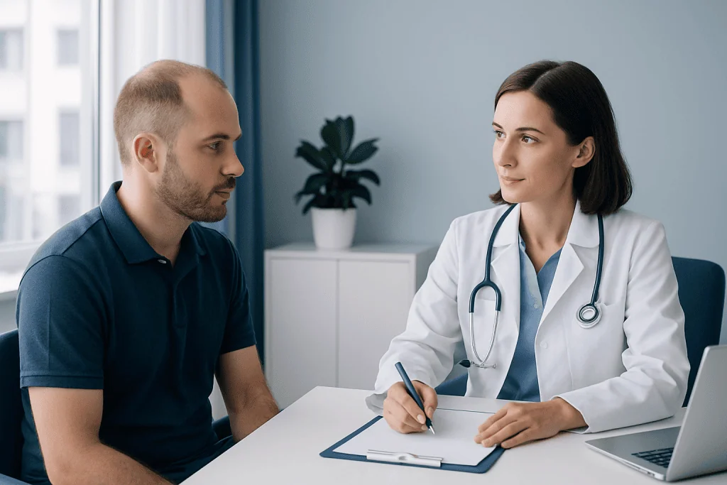 Doctor consulting with a patient about hair transplant progress.