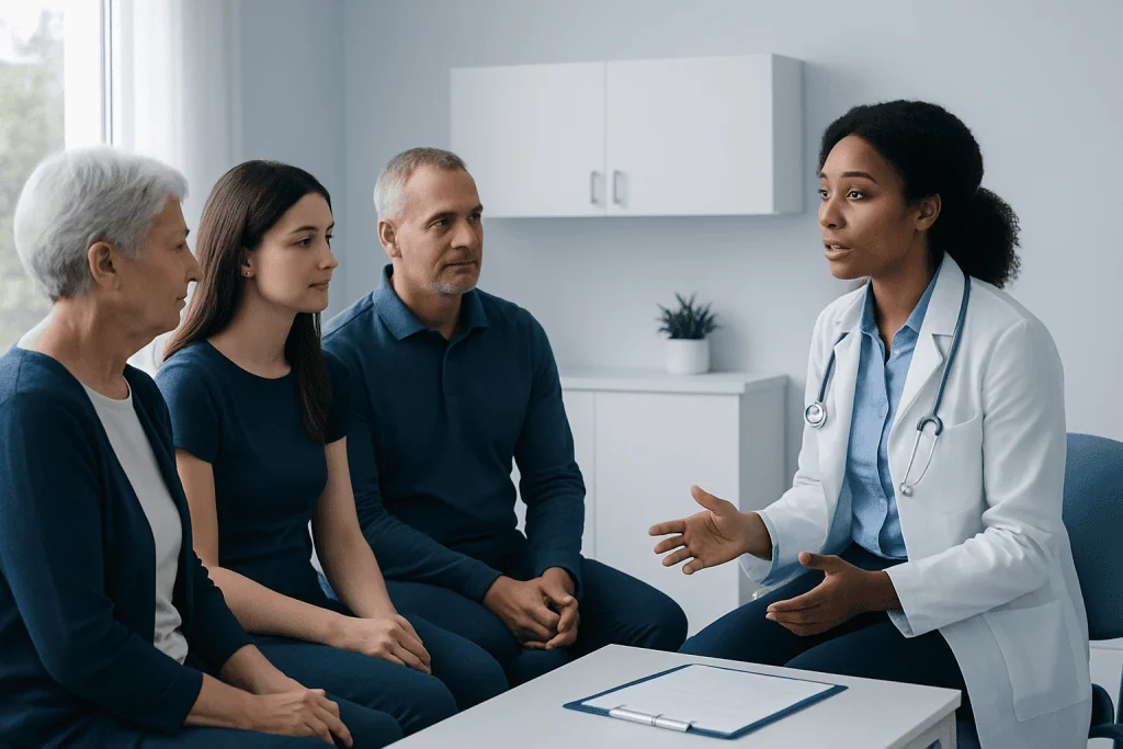 Doctor explaining low iron levels to patients in a consultation room.