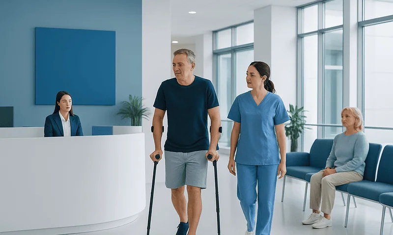 Patient walking with crutches in hospital corridor with nurse and waiting area.