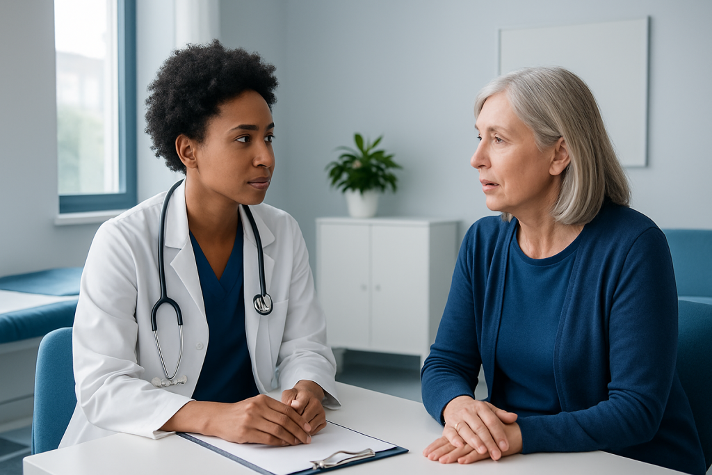 Doctor consulting with an elderly female patient in a medical office.