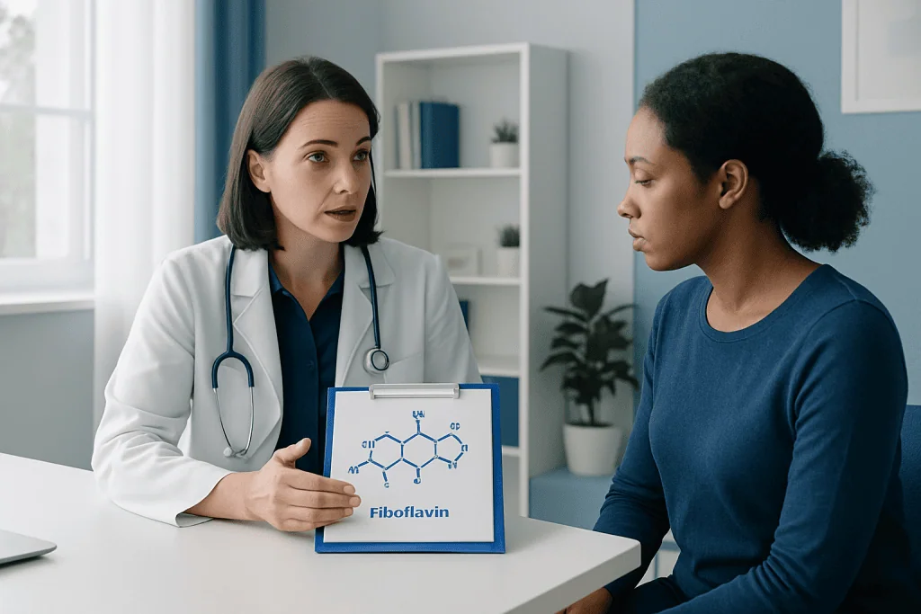 Doctor explaining Riboflavin benefits to patient in a medical consultation.