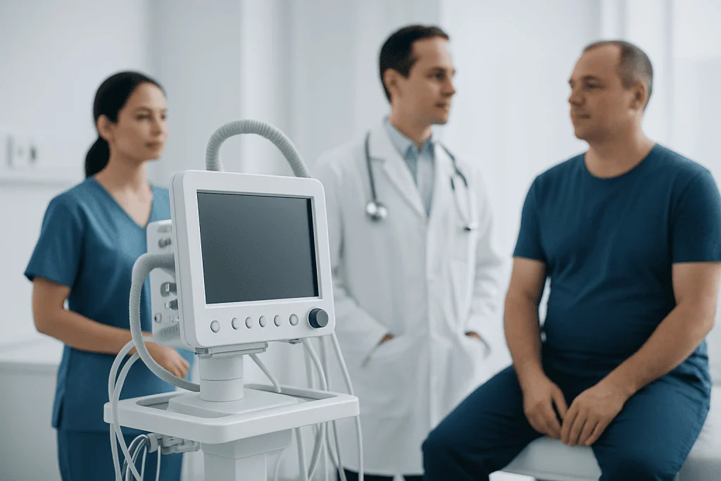Doctor consulting with patient in a hospital room with medical equipment.