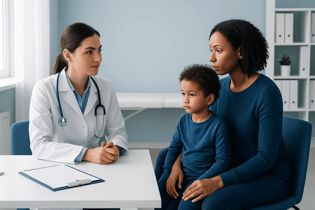 Doctor consulting with mother and child about health concerns in a clinic.