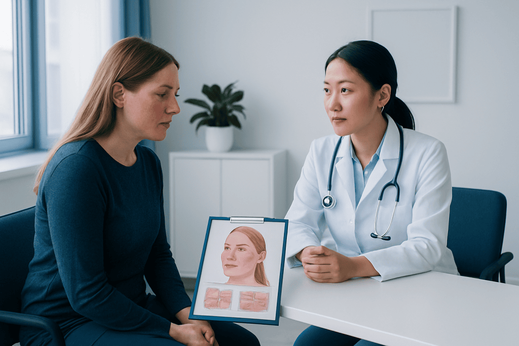 Doctor consulting with patient about skin condition and treatment options.