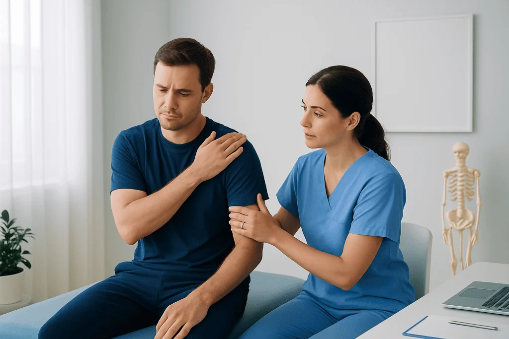 Patient experiencing shoulder pain during physical therapy session at Acibadem Hospital.