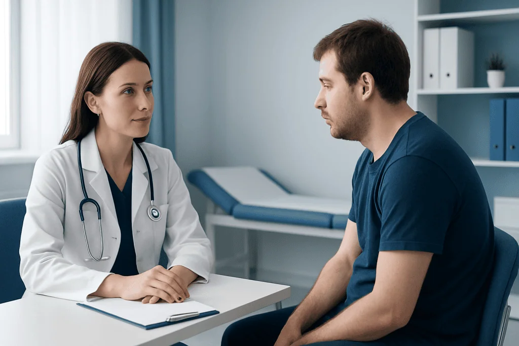 Doctor consulting patient about shoulder posture and health.
