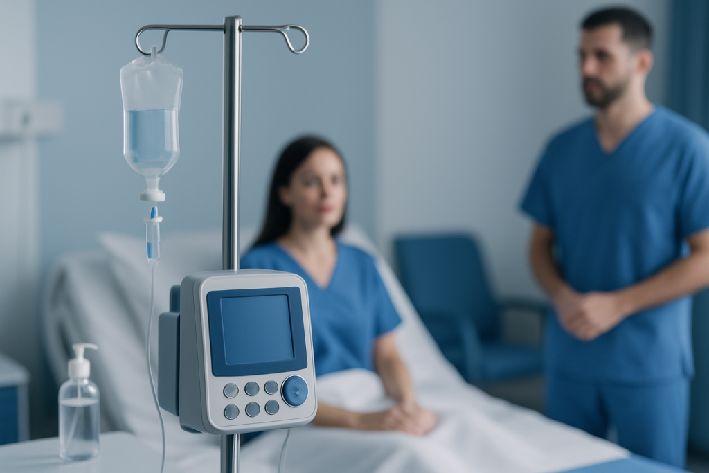 Hospital room with IV drip and medical staff attending patient.