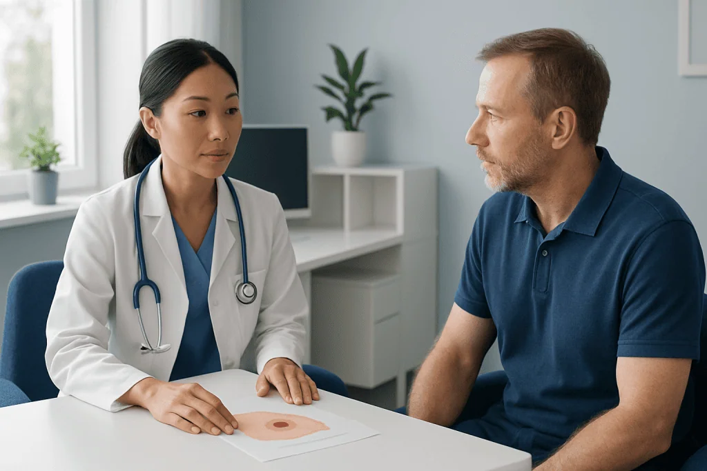 Doctor explaining skin condition to patient in consultation room.