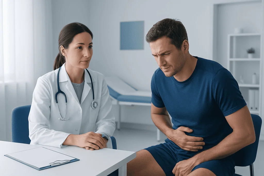 Doctor consulting with a patient experiencing stomach pain in a clinical setting.