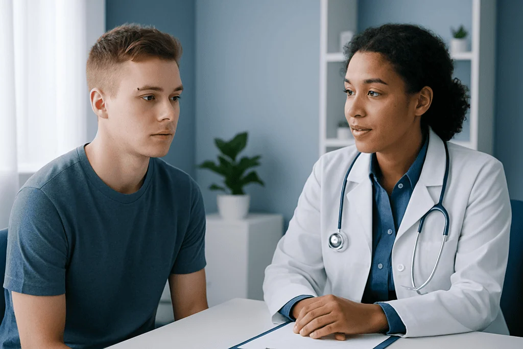 Doctor consulting with a young male patient in a medical office.