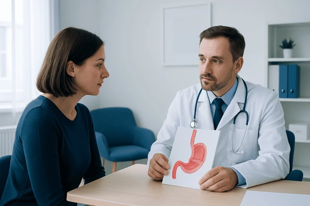 Doctor explaining Schatzki Ring to patient with stomach diagram.
