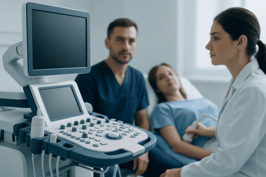 Medical professionals perform an ultrasound exam on a young patient in a hospital.