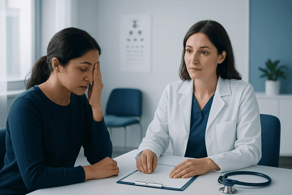 Patient consulting with an ophthalmologist about eye pain and symptoms.