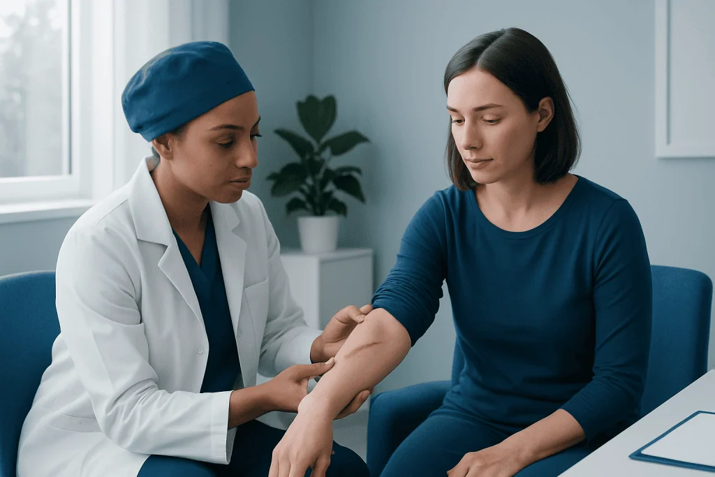 Doctor examining patient's arm in a clinical setting.