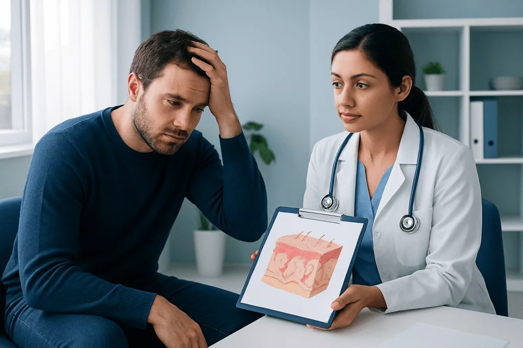 Doctor explaining skin condition to patient with skin diagram.